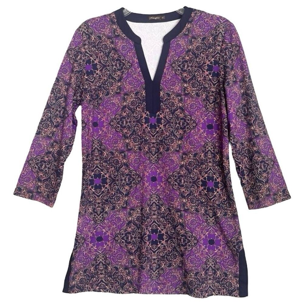 J. McLaughlin Catalina Cloth Tunic Top Women's Medium Purple Blue Floral V Neck
